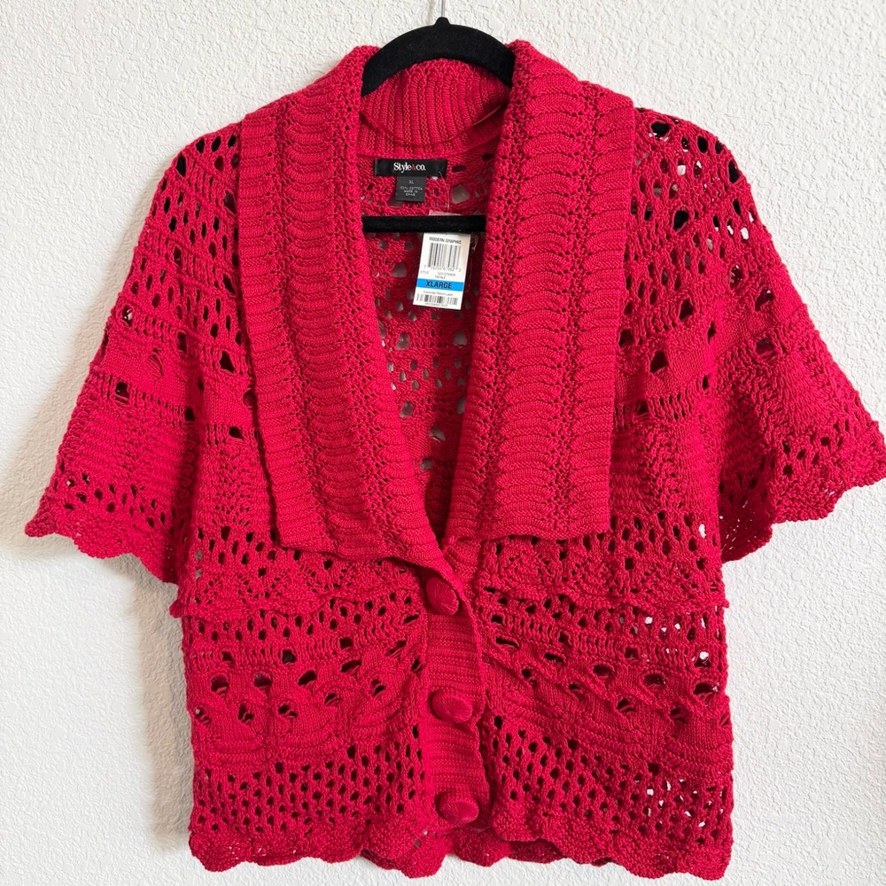 Style & Co. Crochet Open Knit Cardigan Sweater Women's XL Red ‎ Retro Buttons